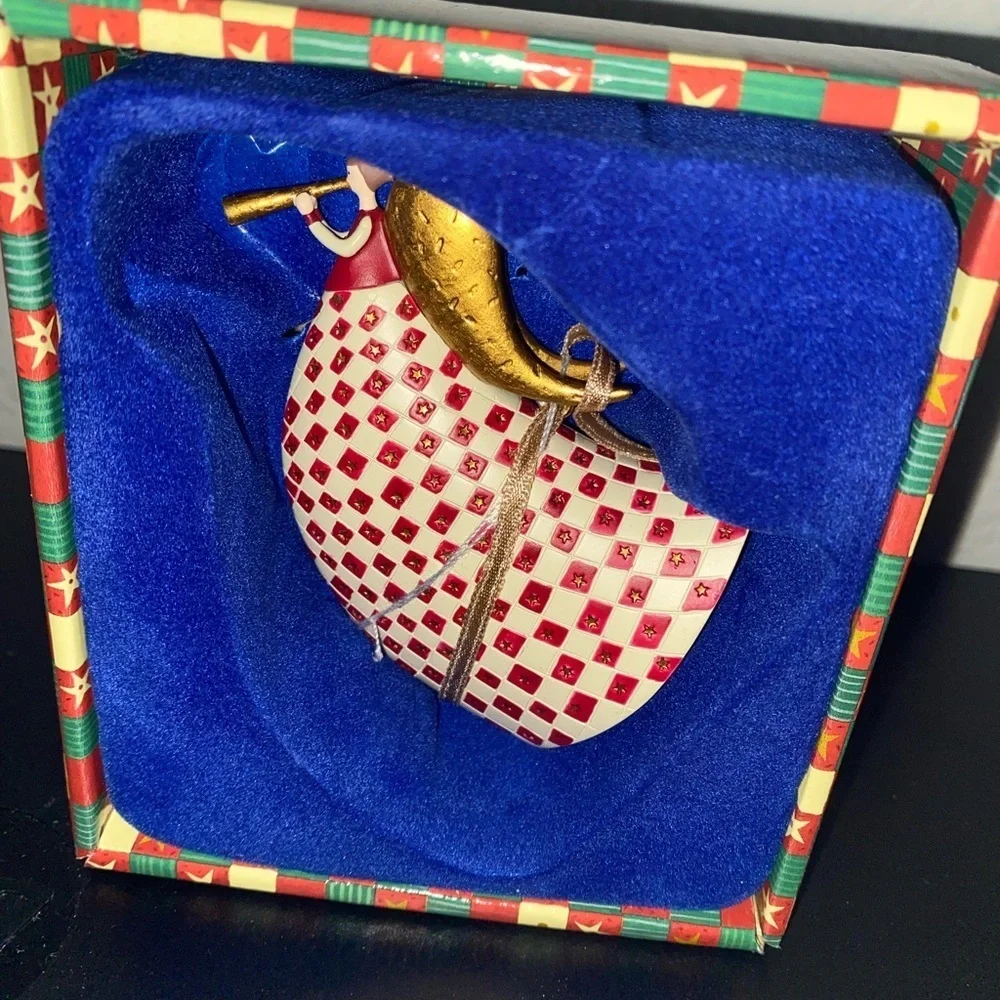 Marcel Schurman Red Cream Checkered Hand Painted Angel  Christmas Ornament 3.5”